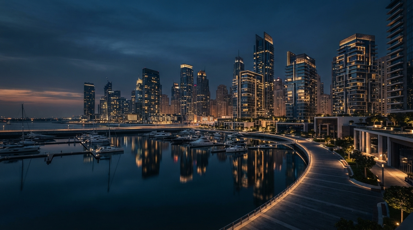 Eko Atlantic towers and marina at dusk