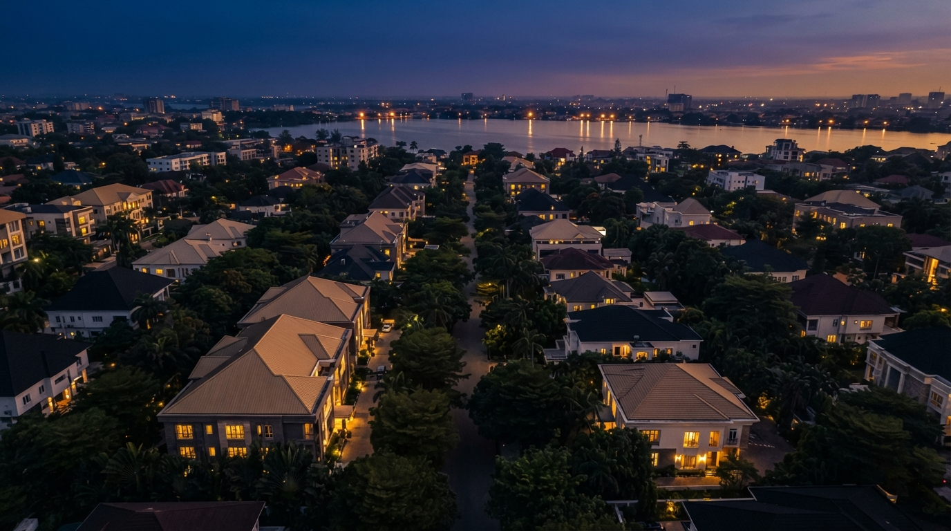 Dusk aerial over Ikoyi, Lagos — tree-lined streets and lagoon light