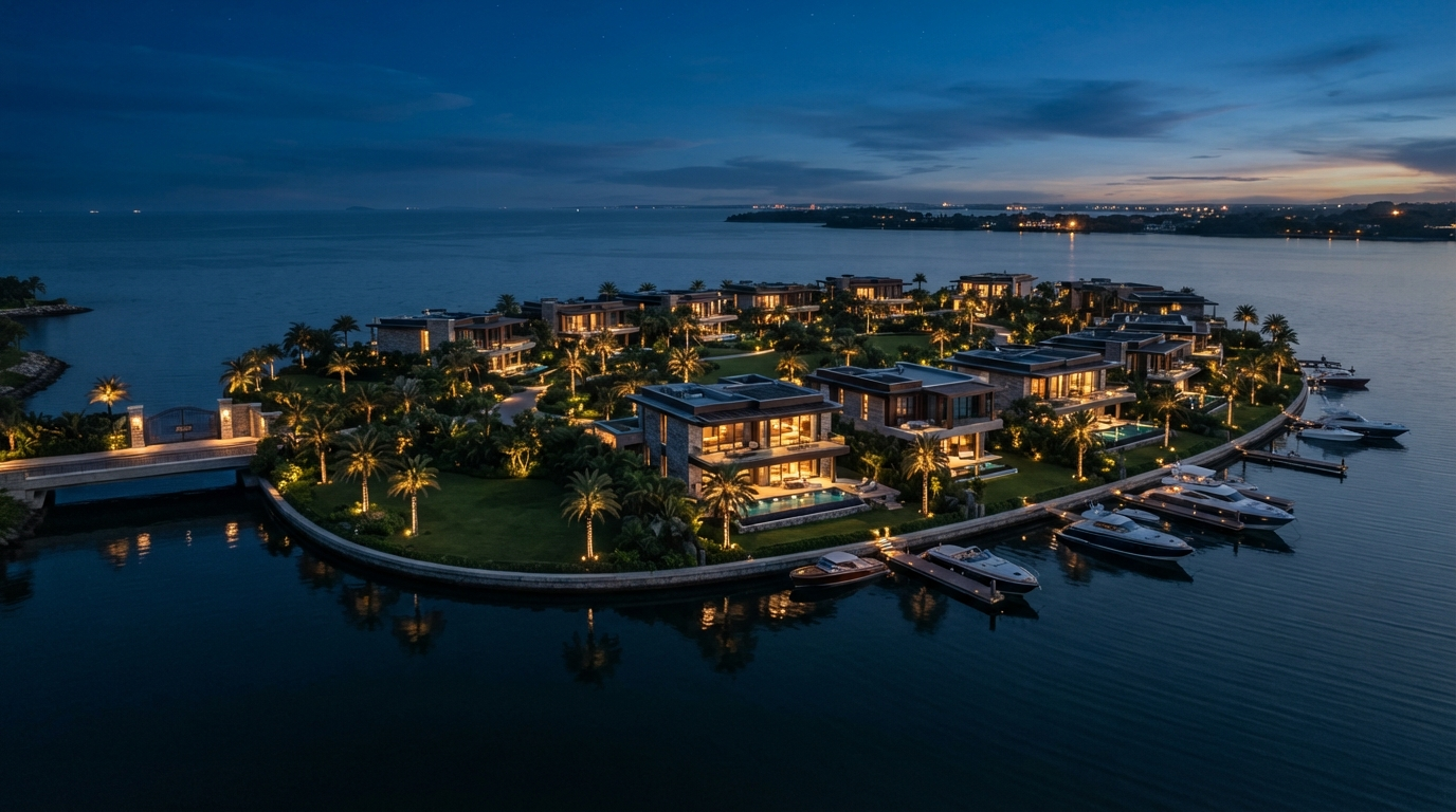 Dusk view of Banana Island villas along the waterfront