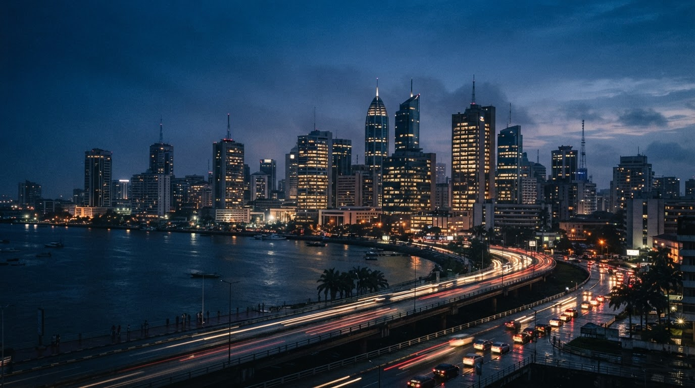 Victoria Island skyline at dusk with tower lights
